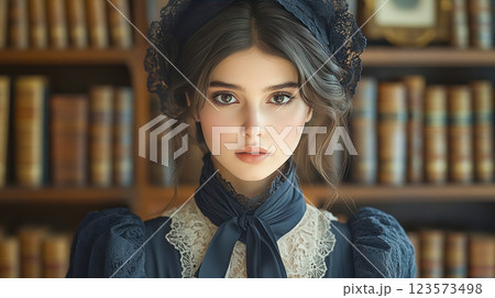 Young woman 1800s wearing dark elegant dress with lace trim Young woman 1800s wearing dark elegant dress with lace trim 123573498