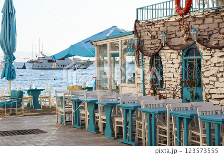 Restaurant on the coast of the Aegean Sea in Bodrum, Turkey. High quality photo Restaurant on the coast of the Aegean Sea in Bodrum, Turkey. High quality photo 123573555