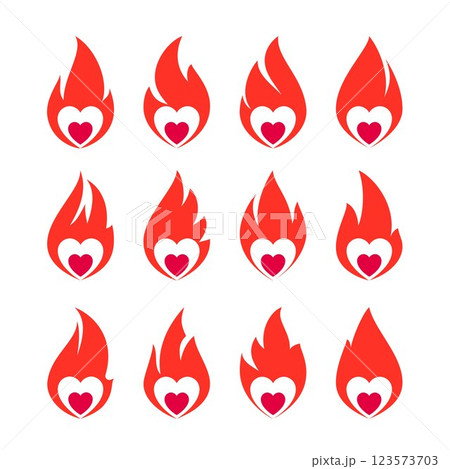 Fire flame icon set, hot heart symbols Fire flame icon set, hot heart symbols 123573703