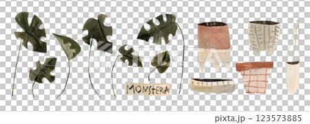 Watercolor set with jungle monstera leaves and pots isolated on white. Botanical clip art hand drawn with watercolor and pencil. mixed media 123573885