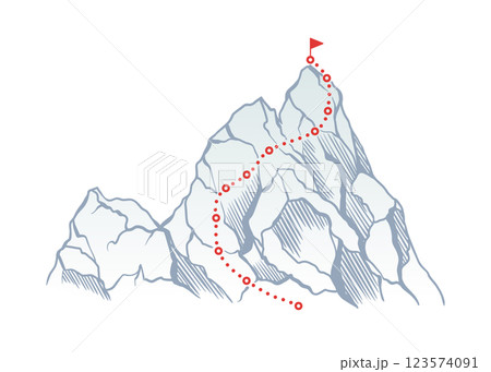 Mountain climbing route to top rock with red flag on peak. Business journey path in progress, way to success or concept of goal. Vector illustration 123574091