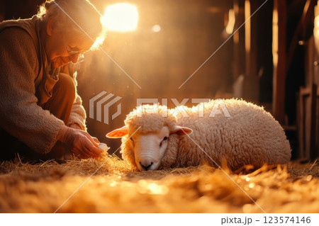 Veterinarian cares for sick sheep in a brightly lit rural barn setting 123574146