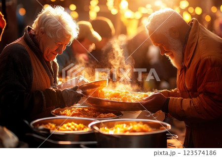 Volunteers share warm meals in a vibrant neighborhood fostering community and connection Volunteers share warm meals in a vibrant neighborhood fostering community and connection 123574186