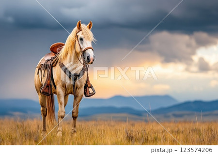 Melancholy horse dressed in cowboy attire stands under a stormy sky in a desolate landscape 123574206