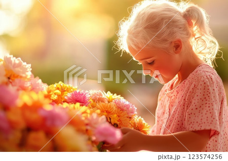 Young woman spreads joy by handing out flowers at senior care center in warm afternoon light 123574256