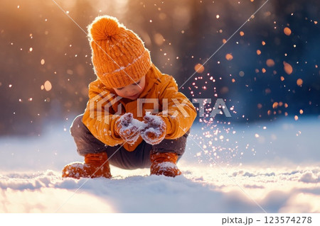 Little boy experiences the magic of snow for the first time on a bright winter day 123574278