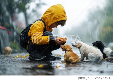Young volunteer feeds stray dogs at an outdoor shelter on a cloudy day 123574304