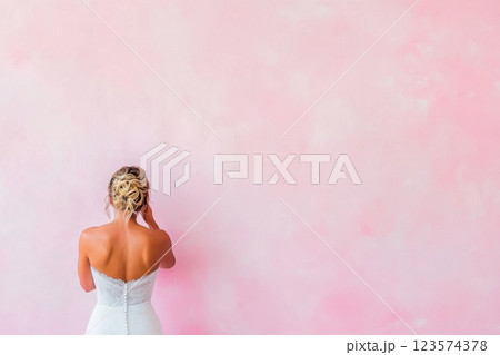 Young woman tears up with joy seeing her wedding dress against pastel pink background 123574378