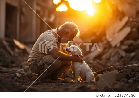 Man rescues puppy from rubble in collapsing building during sunset Man rescues puppy from rubble in collapsing building during sunset 123574386