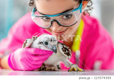 Veterinarian provides care to injured bird at wildlife rescue center under bright lighting Veterinarian provides care to injured bird at wildlife rescue center under bright lighting 123574393