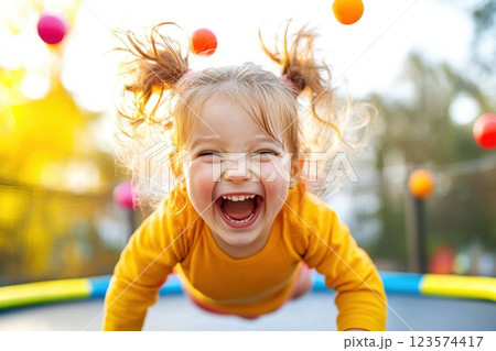 Giggles and Joy on a Sunny Trampoline in a Vibrant Garden 123574417