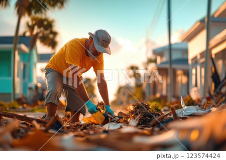 Middle aged man removing debris from hurricane devastation in vibrant neighborhood setting 123574424