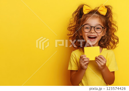Surprised teenage girl receiving heartfelt thank you card from friend on yellow background 123574426