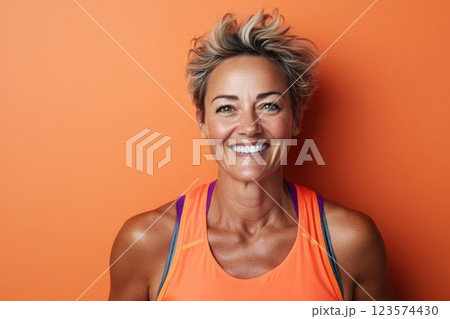 A middle aged woman beams with joy after successfully completing a marathon 123574430