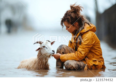 Woman rescues stranded goat during intense flooding in overcast conditions 123574432