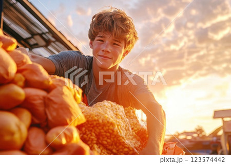 Young man assists in loading food supplies for disaster relief under a bright open sky Young man assists in loading food supplies for disaster relief under a bright open sky 123574442