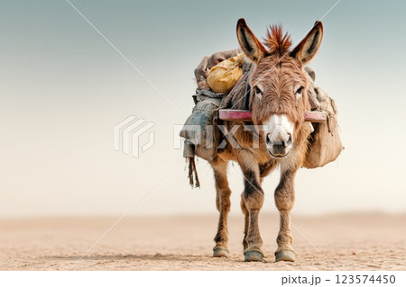 Sad donkey pulling a cart in a barren field with muted tones and a somber atmosphere Sad donkey pulling a cart in a barren field with muted tones and a somber atmosphere 123574450