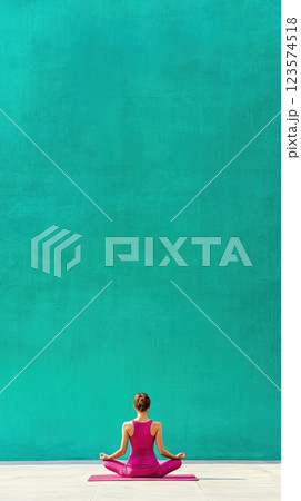 Young woman practicing meditation on yoga mat in minimalist space with bright green background 123574518