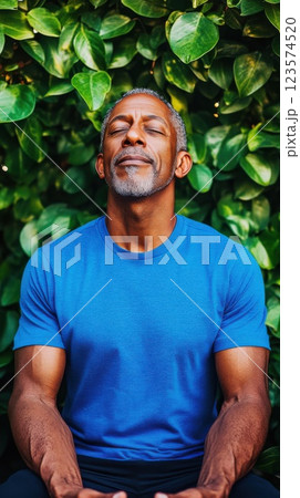 Mindfulness practice in a green park by a calm middle aged man 123574520