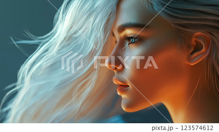 AIならではの美しさ　幻想的な光に包まれる女性の横顔となびく髪の毛 123574612