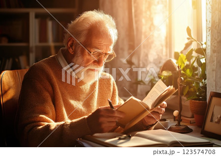 Elderly man with macular degeneration reading with a magnifying glass in a warm study 123574708
