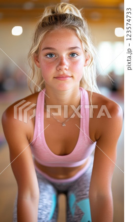 Teenager practices yoga in school gym focusing on plank position with intense concentration 123574733