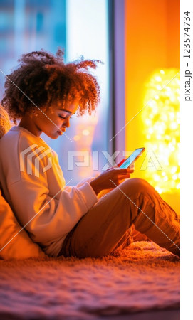 Stressed teenager sitting on bedroom floor using mindfulness app in soft light 123574734