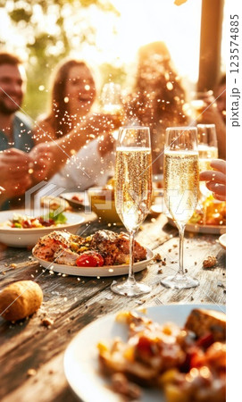 Friends celebrate with champagne and food at a table during a joyful gathering in daylight 123574885