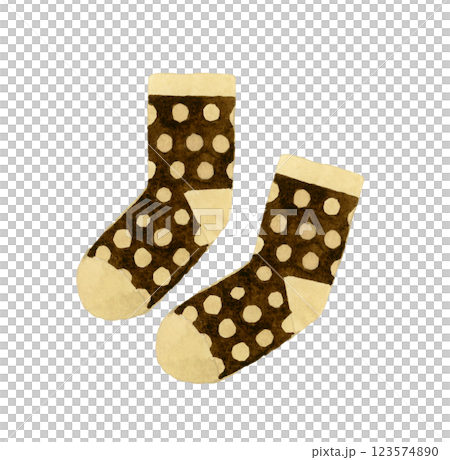 ブラウンの水玉模様の靴下　ファッションアイテムの手描き水彩イラスト素材 123574890
