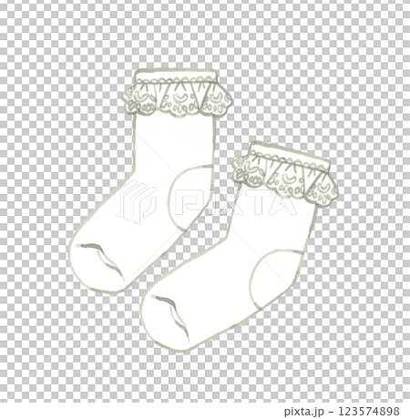 白色のフリルソックス　ファッションアイテムの手描き水彩イラスト素材 123574898
