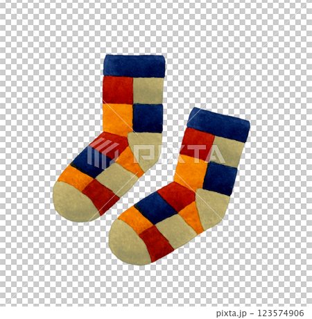 Natural block check pattern socks Hand-drawn watercolor illustration of fashion item Natural block check pattern socks Hand-drawn watercolor illustration of fashion item 123574906