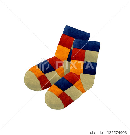 ナチュラルなブロックチェック柄の靴下　ファッションアイテムの手描き水彩イラスト素材 123574908