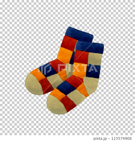 ナチュラルなブロックチェック柄の靴下　ファッションアイテムの手描き水彩イラスト素材 123574908