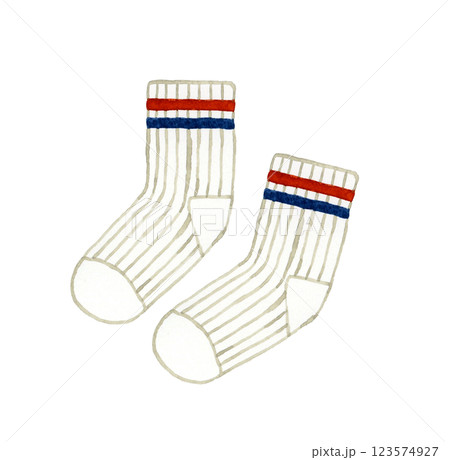 ラインソックス（白色の靴下）　ファッションアイテムの手描き水彩イラスト素材 123574927
