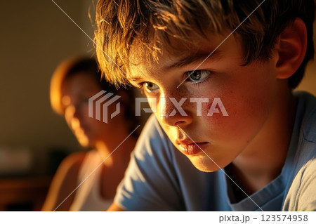 Boy with hemophilia examines cut on arm while mother provides support in warm home setting 123574958