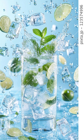 Refreshing mojito splashes with mint and lime in a vibrant summer setting Refreshing mojito splashes with mint and lime in a vibrant summer setting 123574996