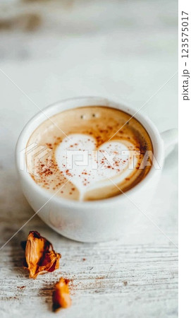 Cappuccino with heart latte art served on light wooden table in a cozy setting 123575017
