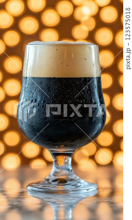 Frosty dark beer glass with condensation on a bar counter surrounded by warm bokeh lights 123575018