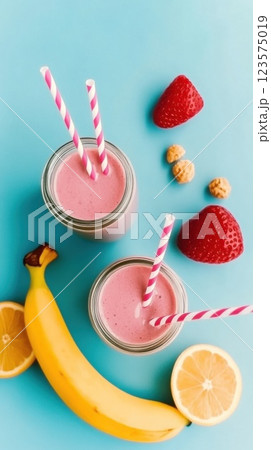 Fresh smoothies with fruits and straws on a pastel blue background perfect for any occasion 123575019