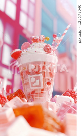 Colorful milkshake with creative toppings in a vibrant cafe setting 123575040