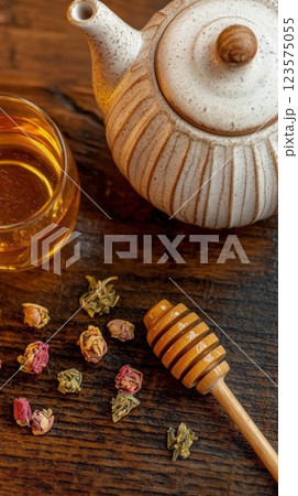 Herbal tea preparation with loose leaves and honey on a rustic wooden table in natural light 123575055