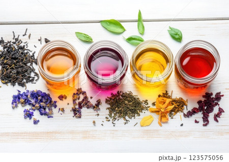 Colorful iced teas in mason jars with bright garnishes on a cheerful wooden table 123575056