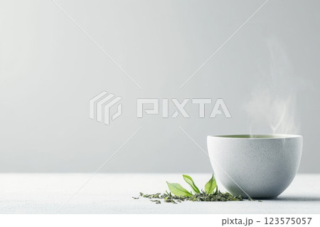 Steaming cup of green tea on a clean white table with loose leaves scattered around 123575057