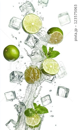 Refreshing splash of water with lime slices and mint leaves in vibrant mid air display 123575063
