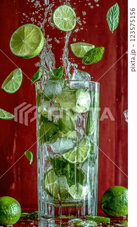 Mojito glass with ice mint and lime splashing in vibrant setting 123575156