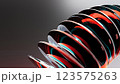 Colorful futuristic 3D illustration with mirrored glass or metal ellipses floating in a semicircle arc along a line on a gradient background. Unusual conceptual object for background 123575263
