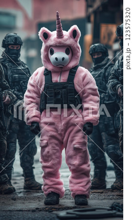 person in fluffy pink unicorn suit stands among soldiers 123575320
