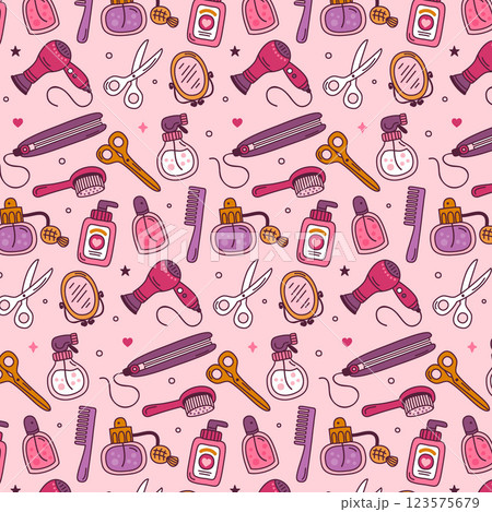 Hand drawn beauty salon pattern 123575679