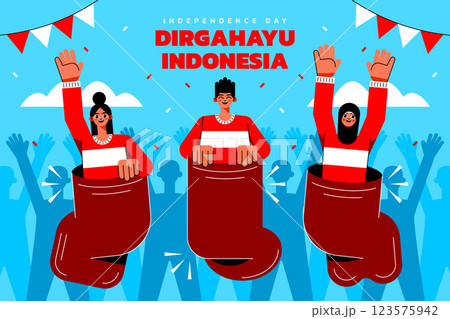 Flat indonesia independence day background with people racing in sacks 123575942