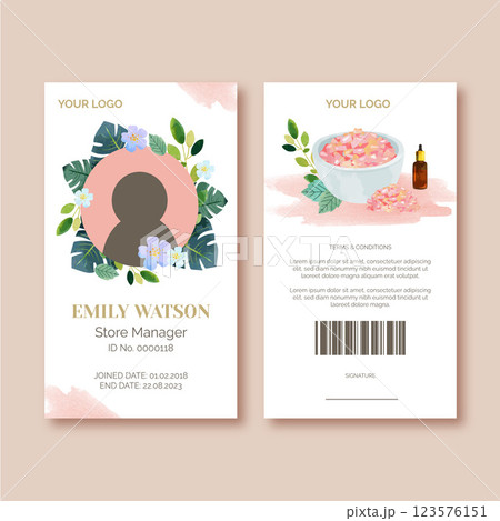 Watercolor spa treatment id card 123576151